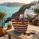 Woven straw tote bag stripes