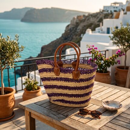 Woven straw tote bag stripes