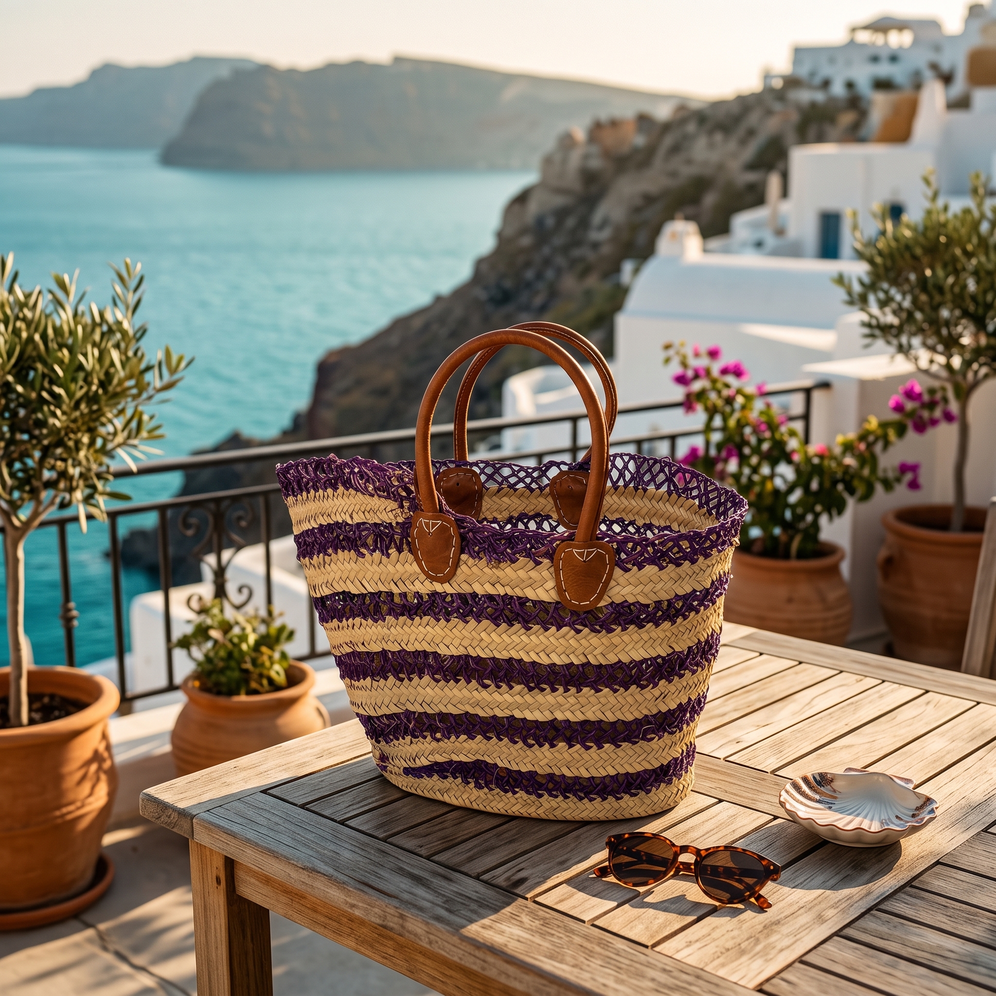 Woven straw tote bag stripes